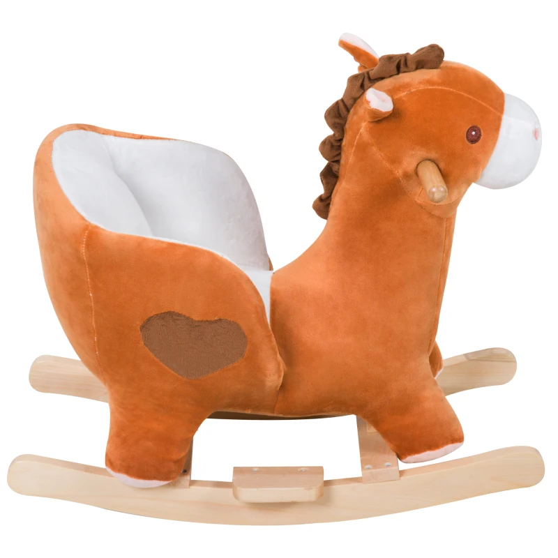 Qaba Kids Plush Rocking Horse Stuffed Animal Rocker Child Ride On Toy with Realistic Sound Red Brown