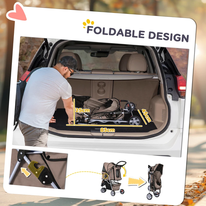 PawHut Cat Stroller, 3 Wheels Foldable Dog Stroller with Storage Basket, Brake, Adjustable Canopy, Cupholders, Pet Stroller for Miniature and Small Dogs Travel, Coffee