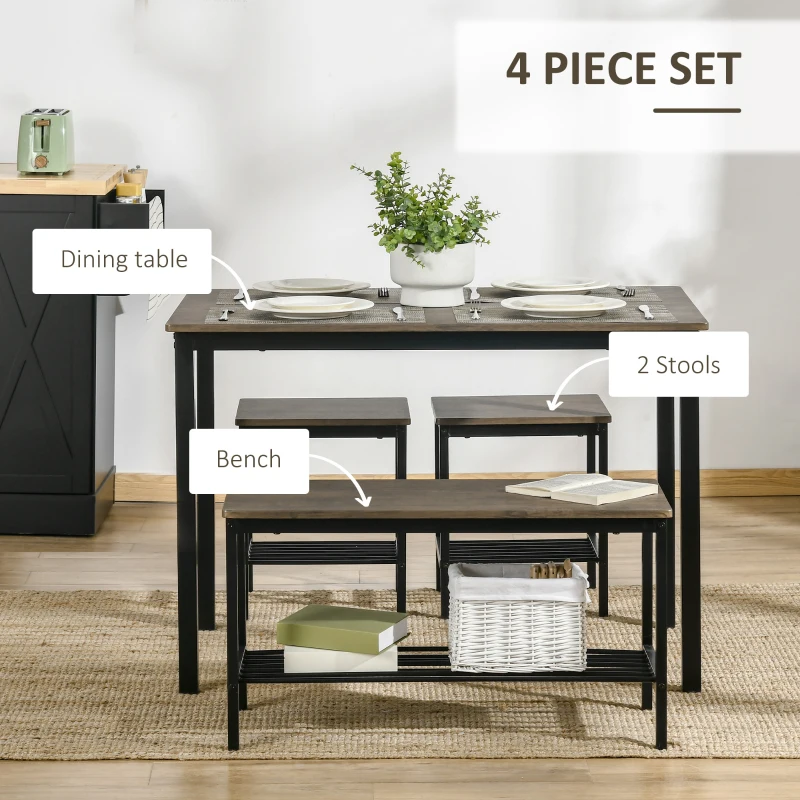 HOMCOM Industrial Dining Table Set, Kitchen Table and Chairs for 4, Dinner Table with Bench Set with Metal Frame & Storage Shelf, 4 Piece Dinette Set