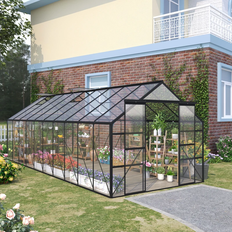 Outsunny 20' x 8' Aluminum Greenhouse Polycarbonate Walk-in Garden Greenhouse Kit with Adjustable Roof Vent, Rain Gutter and Sliding Door for Winter, Clear(m-10)