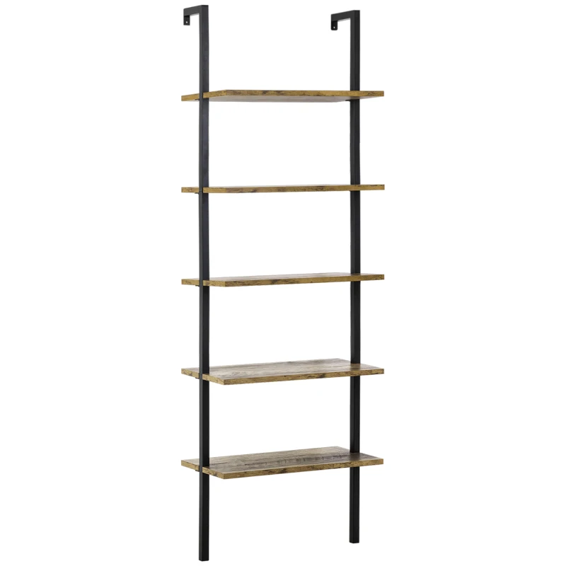 HOMCOM Industrial Wall Mounted Ladder 5-Tier Bookshelf, Brown