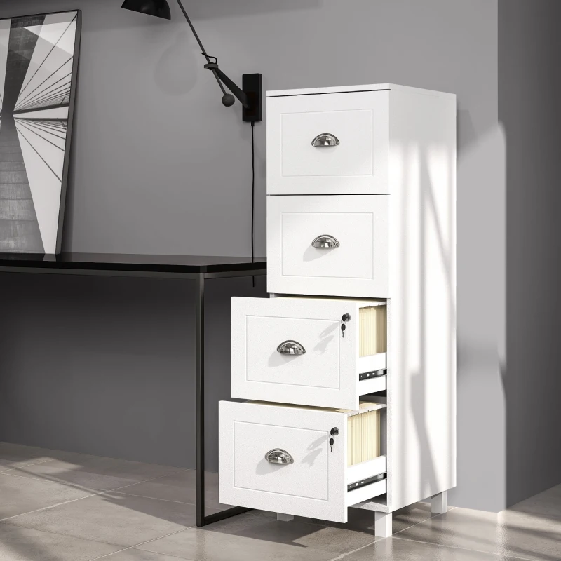 HOMCOM 4 Drawer File Cabinet with Lock, Office Filing Cabinet, A4 Letter Size, Hanging File Folders, White