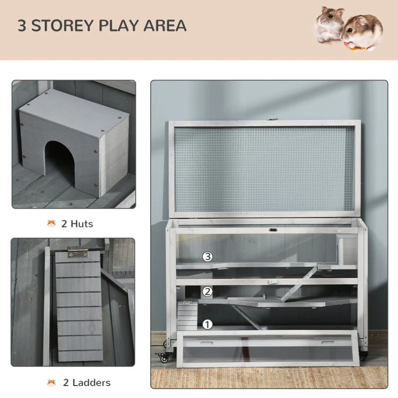 PawHut 3 Tier Wooden Hamster Cage with Wheels for Dwarf Hamster, Light Grey
