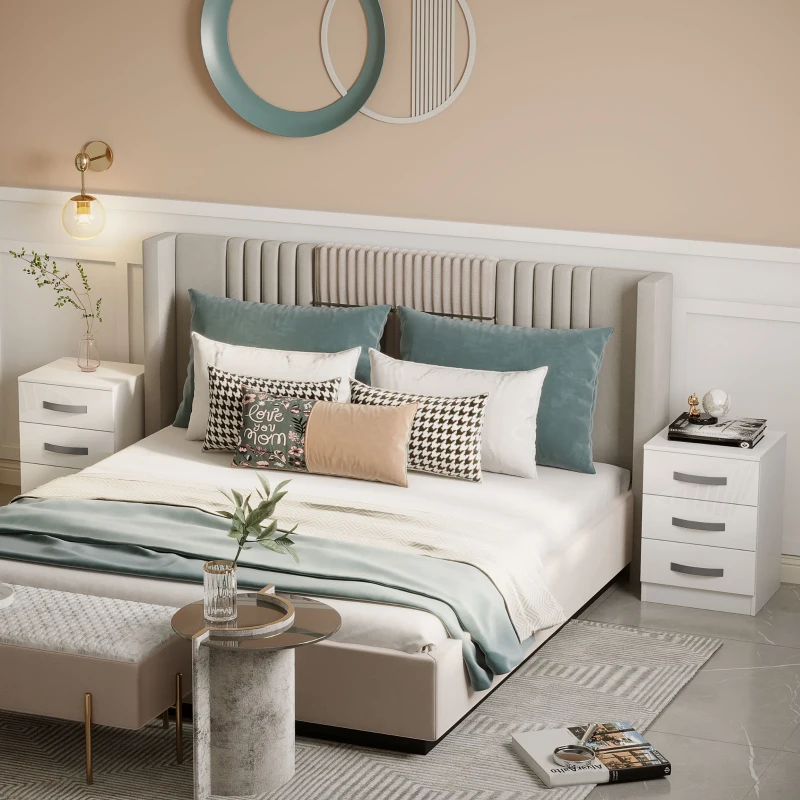 HOMCOM Modern Nightstand Set of 2, Bedside Tables with 3 High Gloss Drawers for Bedroom, White