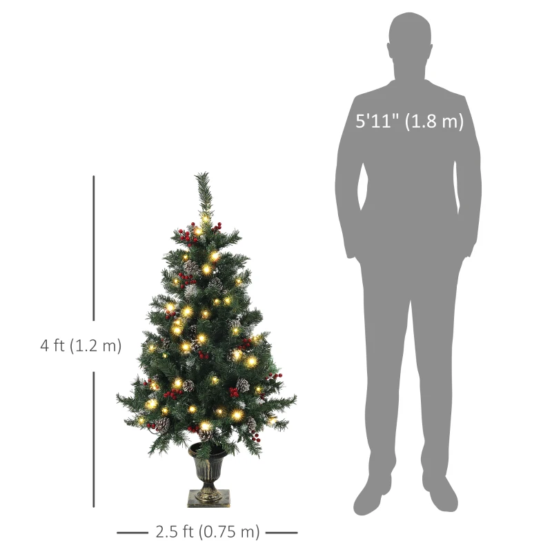 HOMCOM 4FT Pre-Lit Decorated Christmas Tree with Red Berries and Pine Cones Snow Flocked Christmas Tree with LED Lights Green