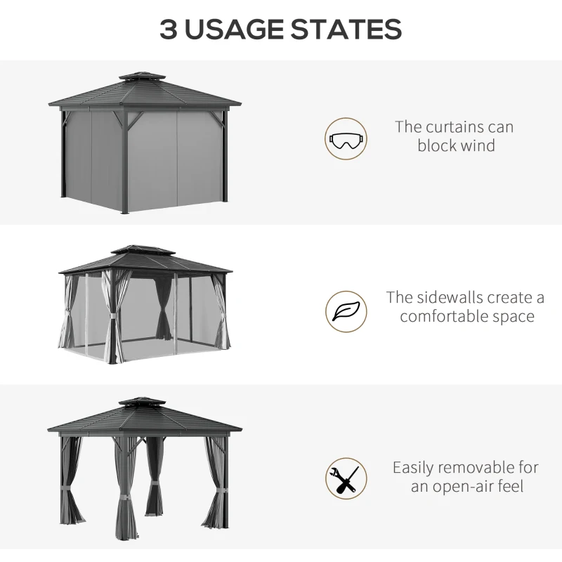 Outsunny 10' x 10' Metal Hardtop Gazebo with Mesh & Curtains, Double Roof, Gray