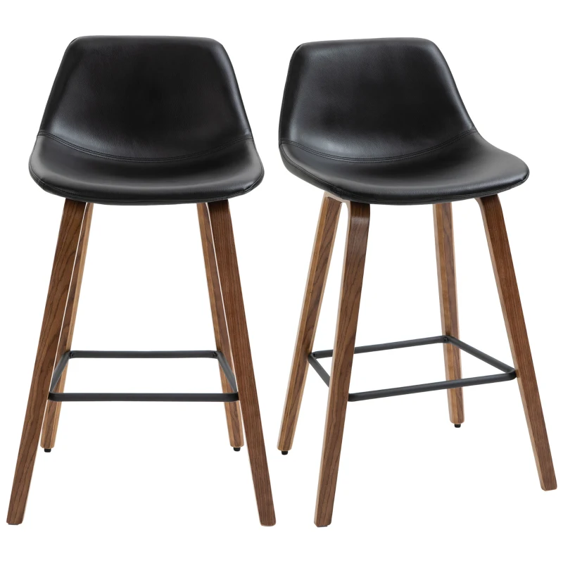 HOMCOM Counter Height Bar stools Set of 2 Mid-Back PU Leather Bar Chairs with Wood Legs, Black