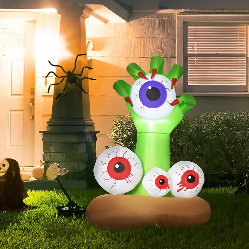 HOMCOM 4ft Halloween Inflatables Outdoor Decorations Monster Hand Grasping Bloodshot Eyeballs, Blow Up LED Yard Decor for Garden, Lawn, Party, Holiday, Waterproof