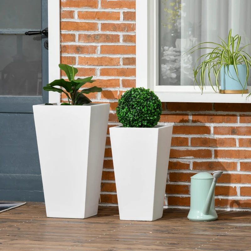Outsunny Set of 2 Tall Planters with Drainage Holes, 22" / 18" Outdoor Flower Pots for Patio, Yard, Garden, White