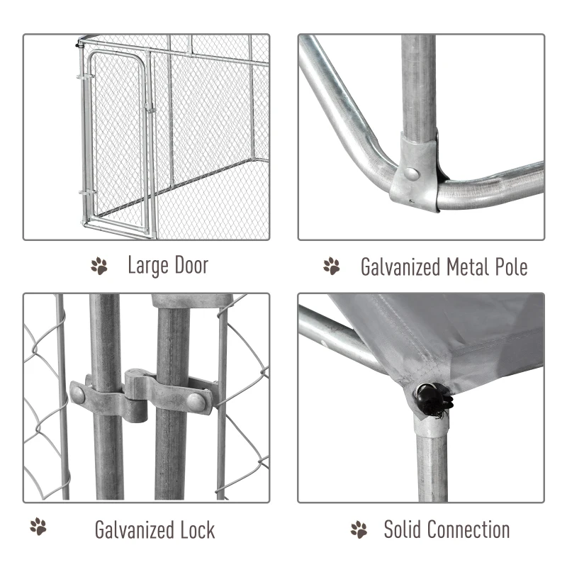 PawHut Outdoor Dog Kennel Galvanized Steel Fence with Cover Secure Lock Mesh Sidewalls for Backyard 9.8' x 9.8' x 7.7'