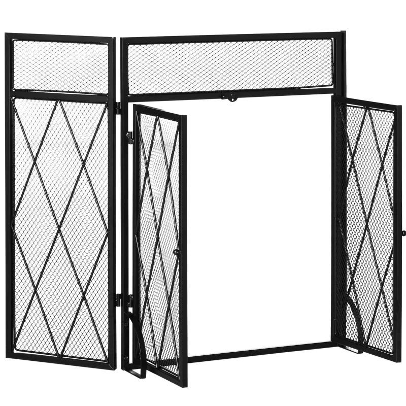HOMCOM 3-Panel Fireplace Screen with Double Doors,  47.25" x 31"Steel Mesh Fire Spark Guard Cover for Living Room Indoor Decor, Black