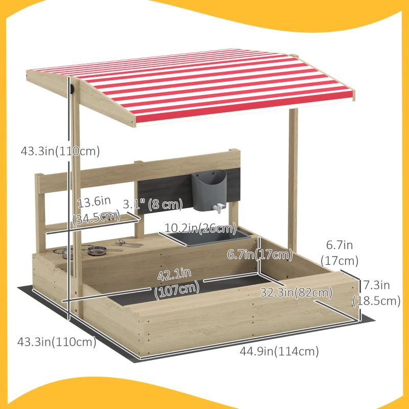 Outsunny Kids Sandbox with Cover Kitchen Playset Toys, Wooden Sand Box with Seat, Storage, for 3-7 Years Old, Natural Wood