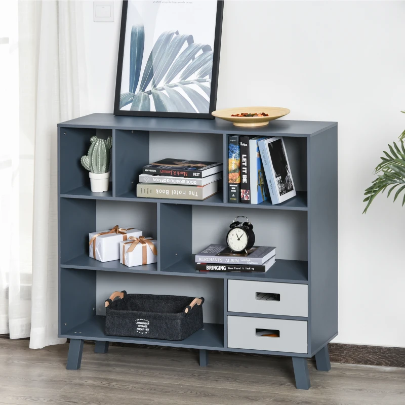 HOMCOM 3-Tier Child Bookcase Open Shelves Cabinet Floor Standing Cube Storage Organizer with Drawers - Gray