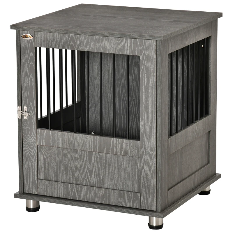 PawHut Dog Crate Furniture, Wooden End Table Furniture with Lockable Magnetic Doors, Small Size Pet Kennel Indoor Animal Cage, Gray