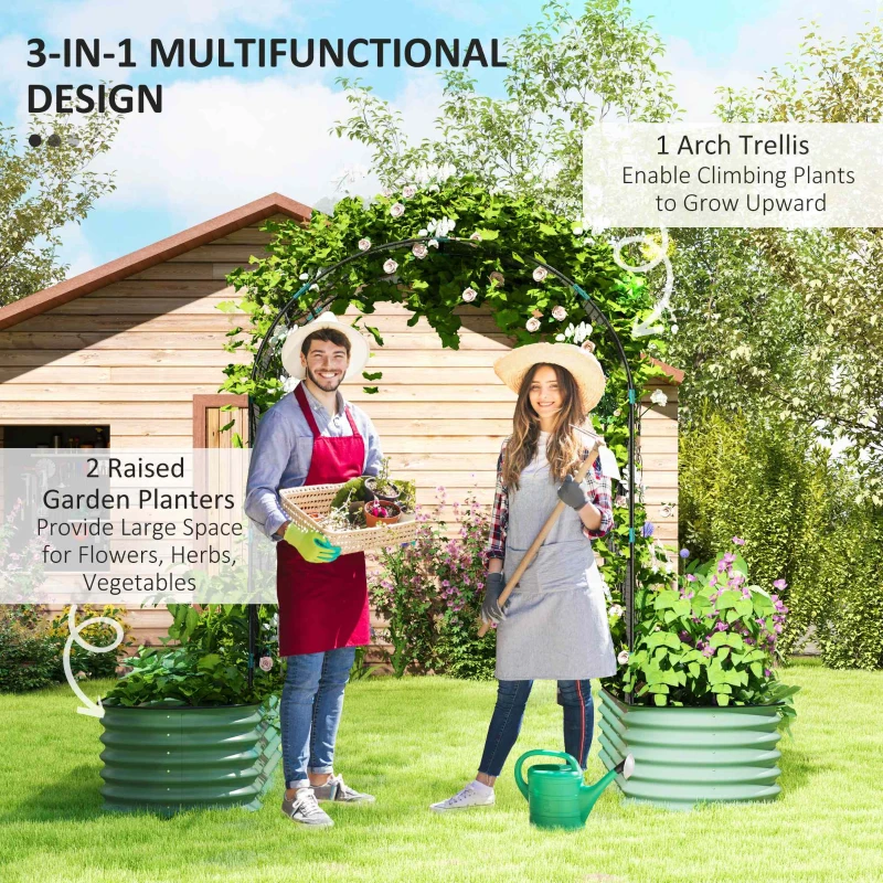 Outsunny Raised Garden Beds Set with Arch Trellis, Climbing Net, Galvanized Planter Box for Climbing Vegetables Flowers Herbs