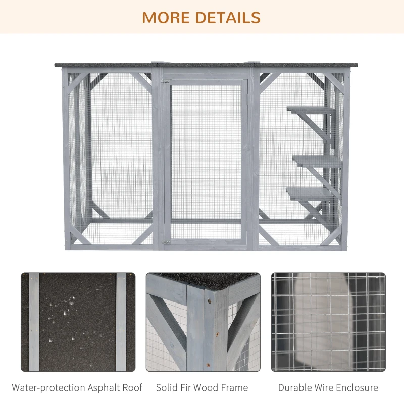 PawHut 44.1" H Cat Cage, Indoor Outdoor Wooden Enclosure Pet House, Small Animal Cage Hutch, Suitable for Rabbit, Dogs, Kitten, Crate Kennel with Waterproof Roof, Multi-Level Platforms, Lock, Grey