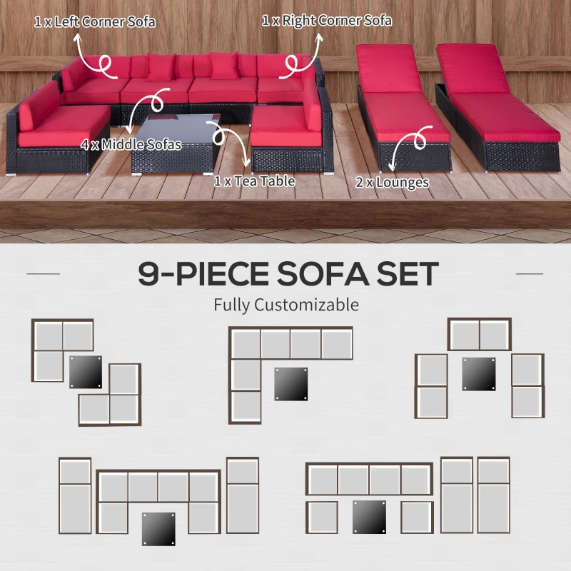 Outsunny 9 Pieces Wicker Patio Furniture Set with Cushion, PE Rattan Outdoor Conversation Set Sectional Sofa Set with 2 Loungers and Glass Tabletop, Aluminum Frame, Coffee & Red