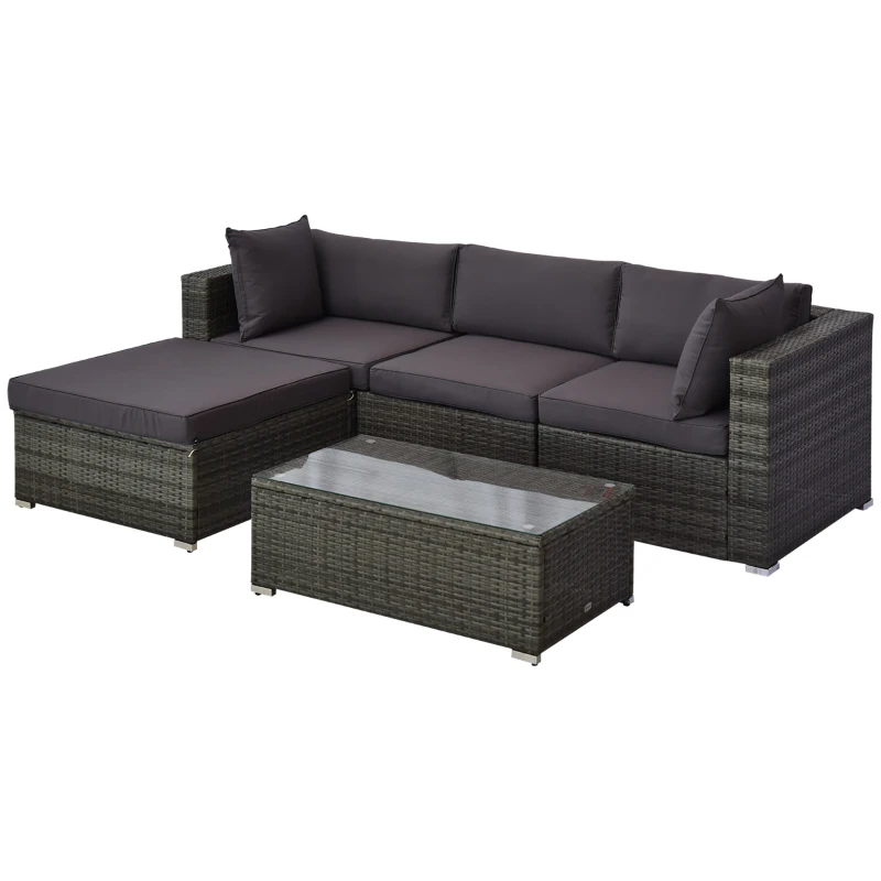 Outsunny 5-Piece Outdoor Sectional Furniture, Patio Sofa Set, PE Wicker Couch, Cushions, Pillows, Ottoman, Table, Charcoal