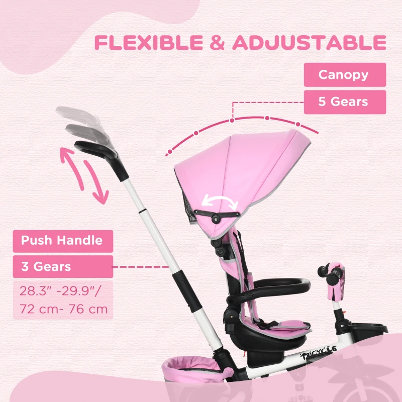 Aosom 6-in-1 Toddler Tricycle for 12-50 Months, Foldable Kids Trike with Adjustable Seat and Push Handle, Safety Harness, Removable Canopy, Footrest, Pink