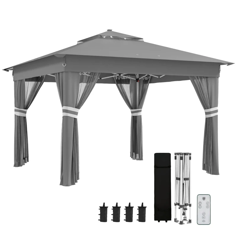Outsunny 11x11FT Pop Up Canopy, Solar-Powered LED Lights, Netting, Roller Bag, Height Adjustable Instant Sun Shelter