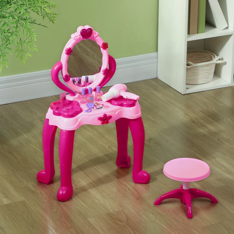 Qaba Kids Vanity Set with Mirror and Stool, Light and Sound, 15 Accessories, Pink