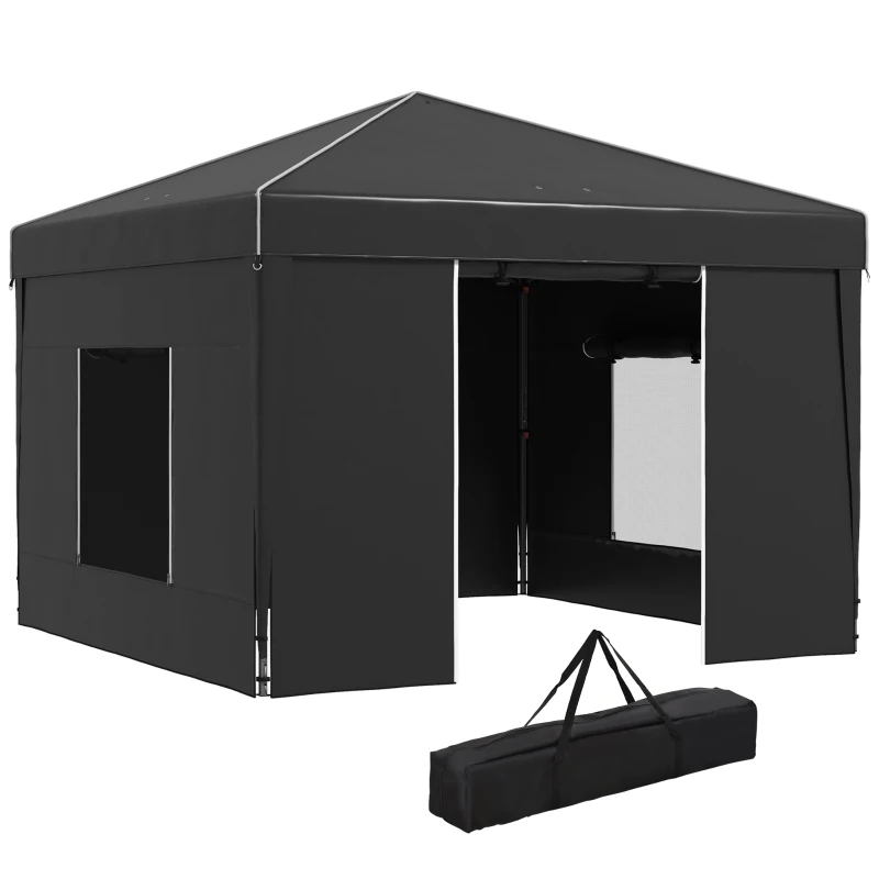 Outsunny 9.7' x 9.7' Pop Up Canopy with Sidewalls, Portable Canopy Tent with 2 Mesh Windows, Reflective Strips, Carry Bag, Black