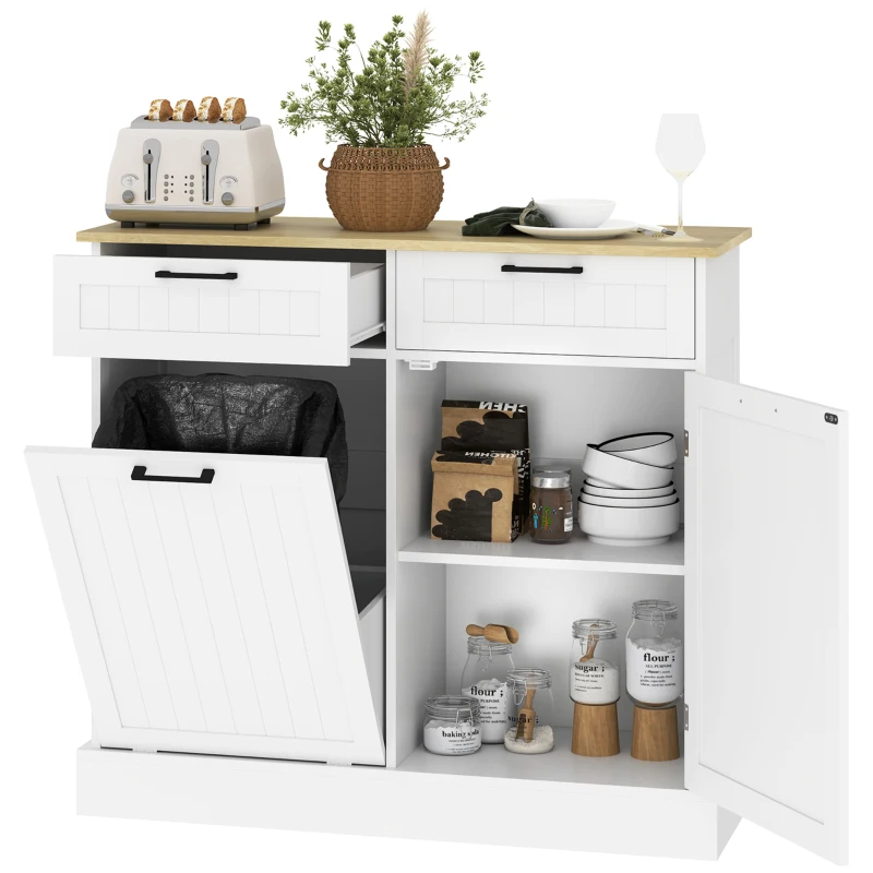 HOMCOM Hidden Garbage Bin Cabinet, Tilt Out Trash Cabinet w/ 2 Drawers, Freestanding Kitchen Island for Laundry, White