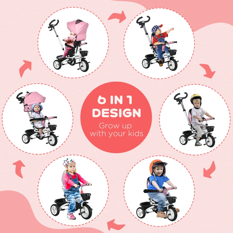 Qaba 6 in 1 Toddler Tricycle with Parent Push Handle, Canopy, Storage Baskets, Cupholder, Pink
