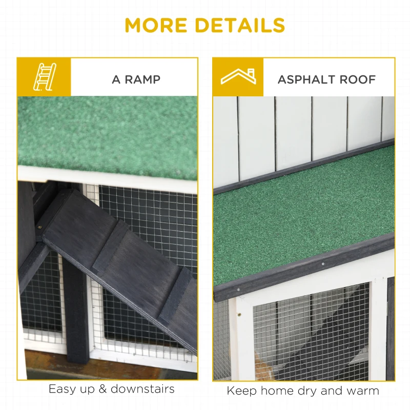 PawHut Large Rabbit Hutch with Double Runs, Wooden Bunny Cage Outdoor with Removable Tray, Ramps, Roof, 80" x 18" x 31.5", Gray