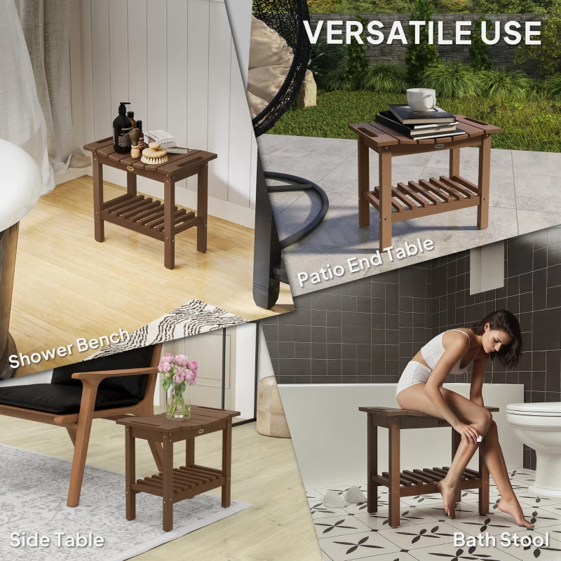 Outsunny HDPE Shower Bench, Waterproof Shower Stool with Handle, Storage Shelf, Non-Slip Pads for Indoor Outdoor, Brown