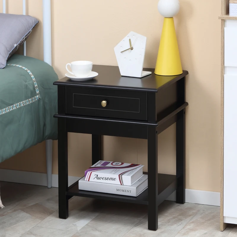 HOMCOM Modern Nightstand, Accent End Side Table with Drawer and Storage Shelf, Bedside Table for Bedroom, Black