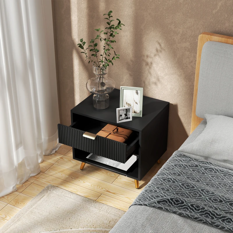 HOMCOM Nightstand with Fluted Panel, Bedside Table with Drawer and Open Compartment, Modern Night Table for Bedroom, Black