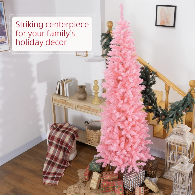 HOMCOM 7ft Tall Pencil Artificial Christmas Tree with 687 Branch Tips with Steel Base, Pink