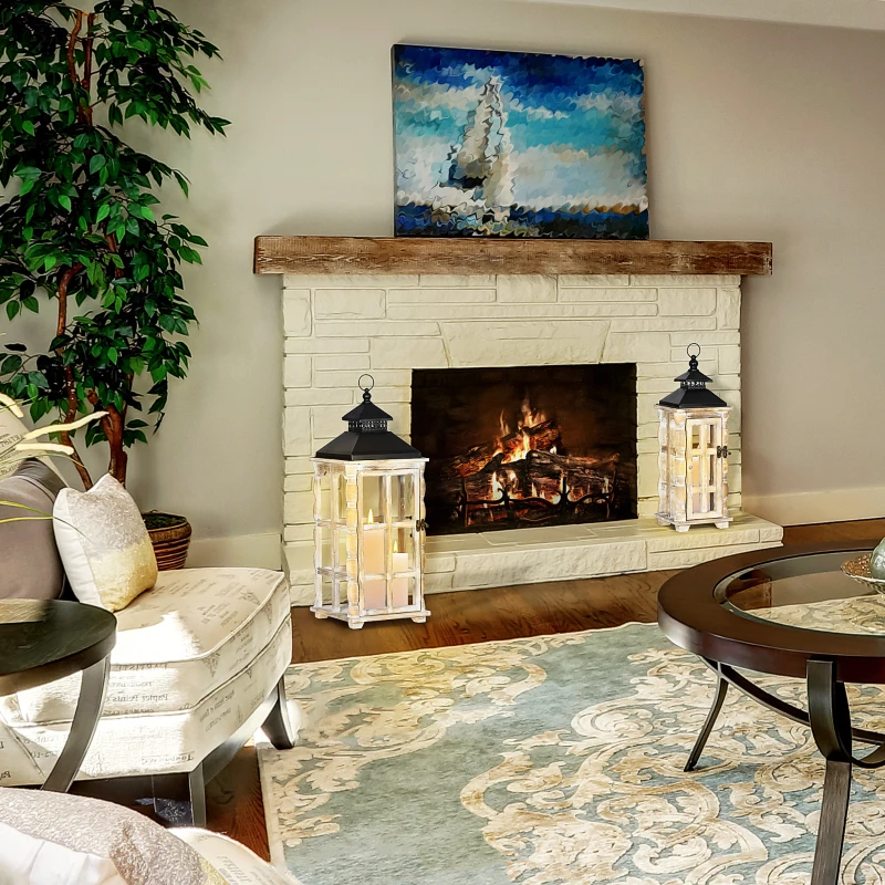 HOMCOM 2 Pack 31"/21" Large Rustic Lantern Decorations, Hanging Wooden Metal Indoor Covered Outdoor Lantern for Home Decor (No Glass), Black and Distressed Natural Wood Color