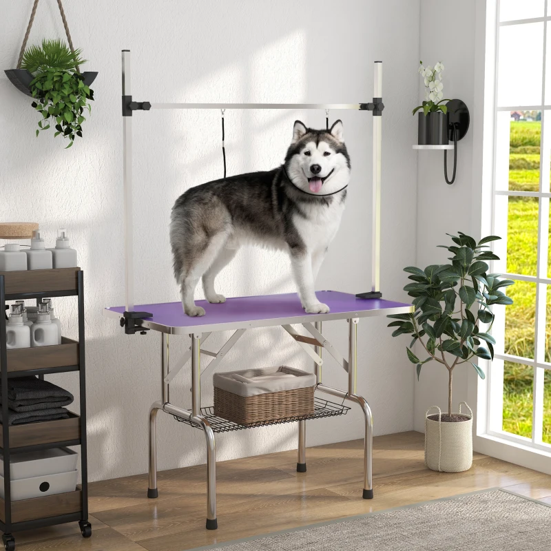 PawHut Adjustable Dog Grooming Table with 2 Safety Slings, Storage Basket, Purple