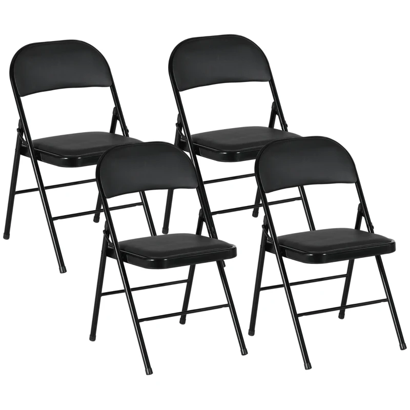HOMCOM Set of 4 Metal Foldable Chairs, PU Leather Padded Folding Chairs with Cushion Seat and Open Back for Indoor, Black