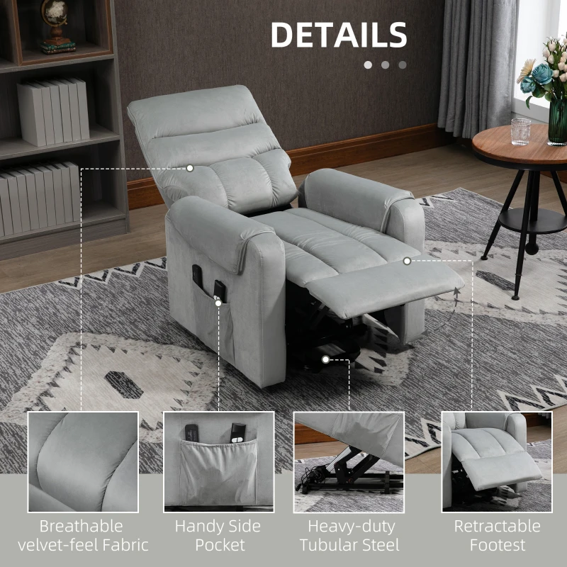 HOMCOM Power Lift Chair, Velvet Touch Upholstered Recliner Chair for Elderly with Vibration Massage, Remote Control, Side Pockets, Grey