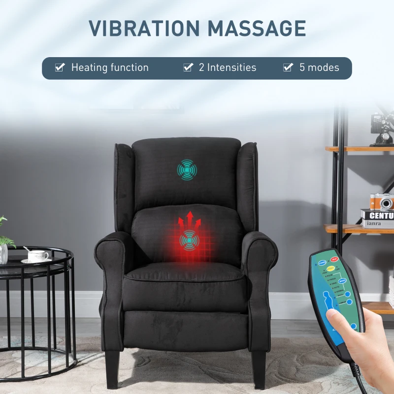 HOMCOM Vibration Massage Recliner Chair for Living Room with Heat,  Wingback Single Sofa, Modern Suede Fabric Push Back Reclining Chair with Footrest, Side Pocket, Black