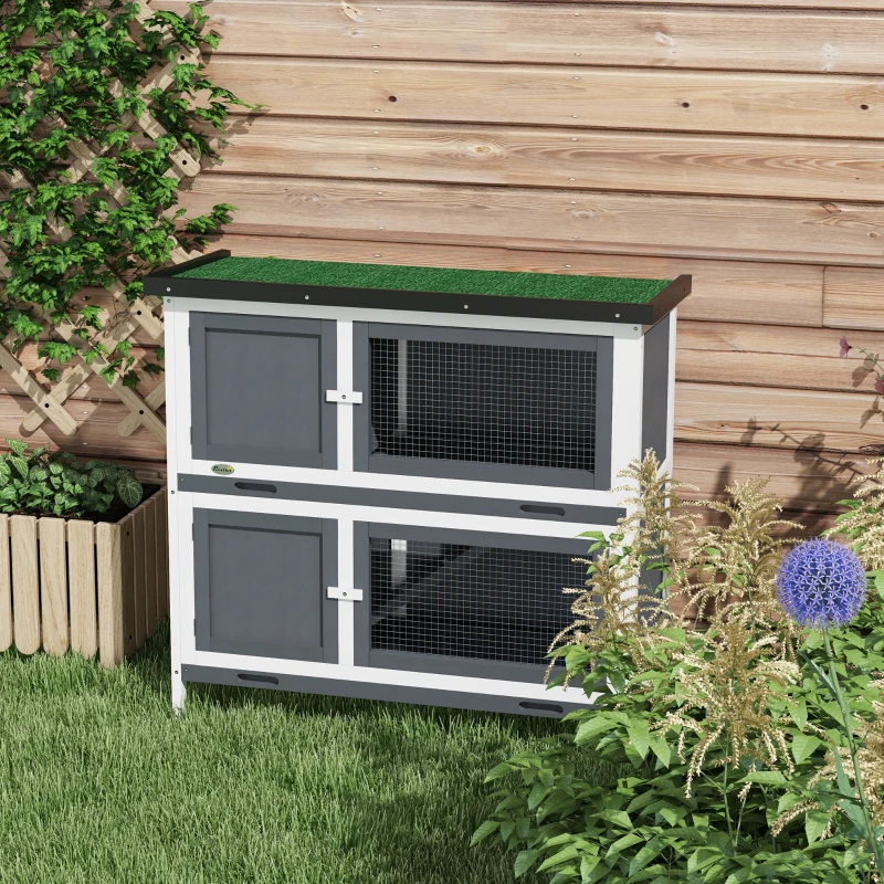 PawHut Wood Rabbit Hutch with 2 Large Main House, Ramp, Trays, Grey