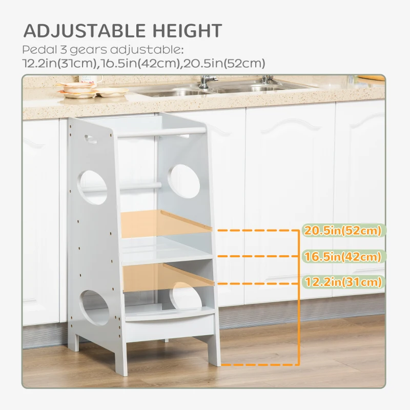HOMCOM Toddler Tower Kitchen Helper with 3-Level Adjustable Height, Heavy-Duty Kids Step Stool with Safety Rail, Grey