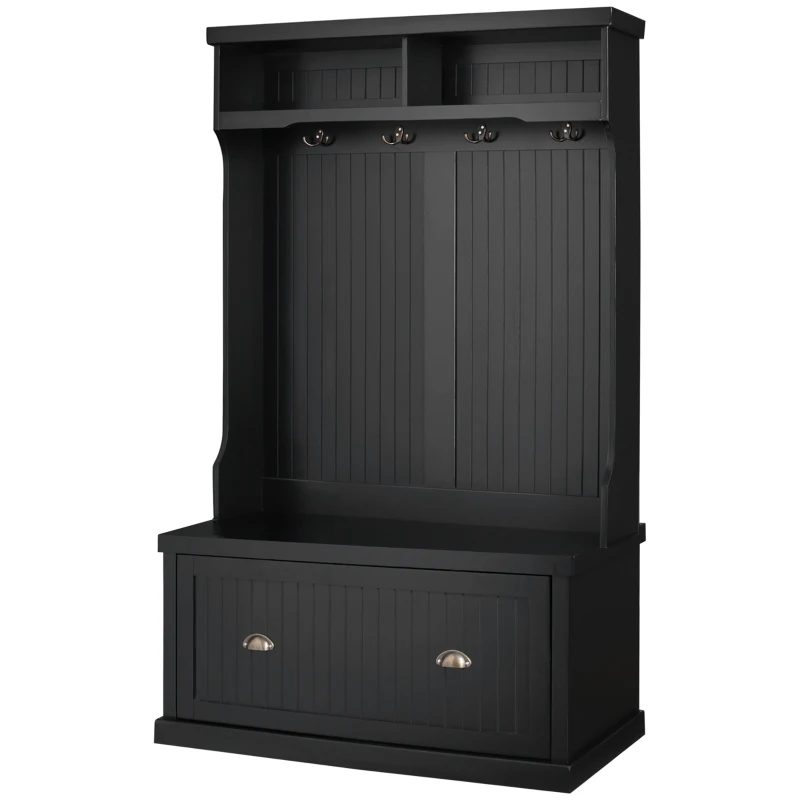 HOMCOM Entryway Bench with Coat Rack, 4 Double Hooks and 2 Compartments, Hall Tree with Bench and Shoe Storage for Hallway, Living Room, Black