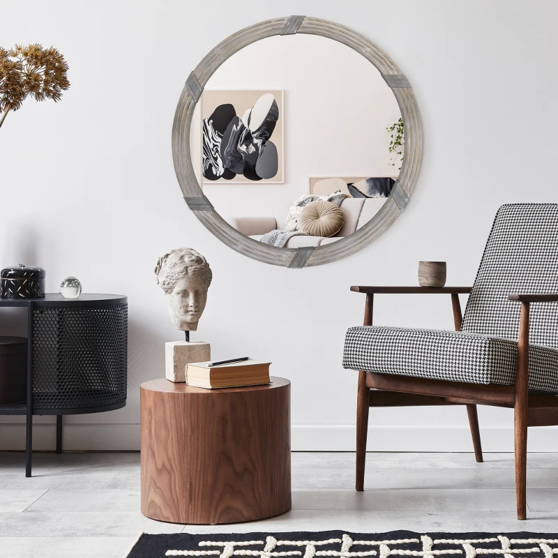 HOMCOM 30.75" Wood Wall Mirror, Farmhouse Decorative e Round Mirror for Wall Decor in Living Room, Bedroom, Natural Wood Color