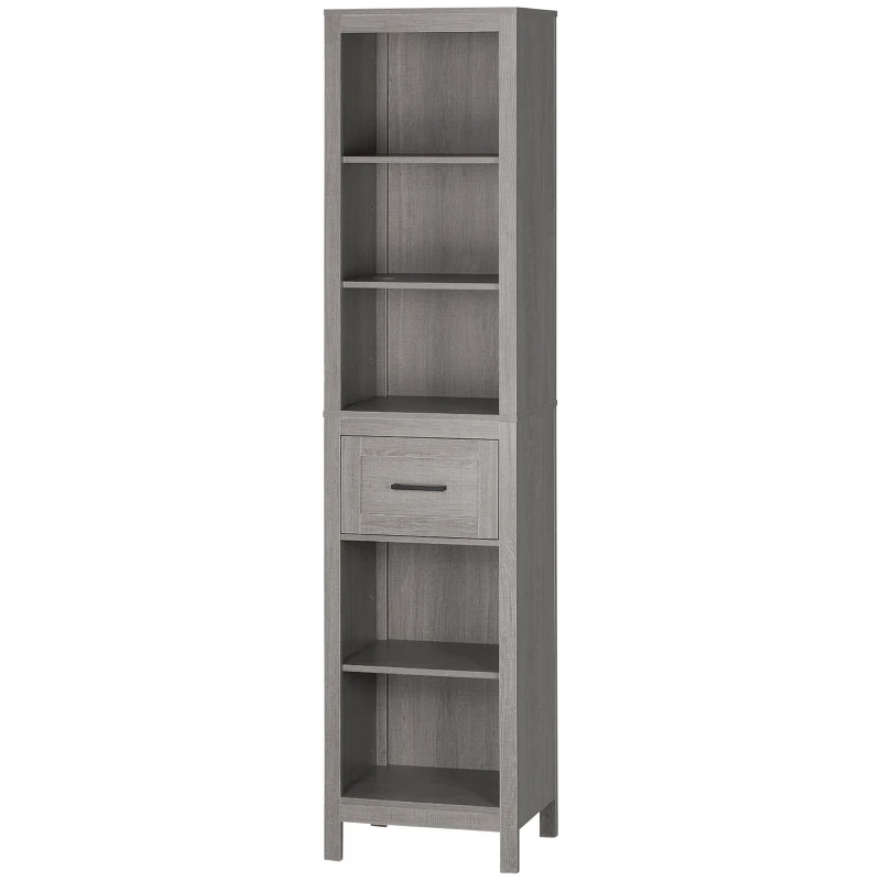 kleankin Narrow Bathroom Storage Cabinet with Drawer and 5 Tier Shelf, Tall Cupboard Freestanding Linen Towel, Grey