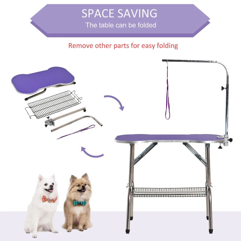 PawHut 37" Foldable Pet Grooming Table Dog Drying Table with Adjustable Arm Non-Slip Rubber Tabletop Aluminium Alloy Edge Stainless Steel Bar Hanging Leash Purple