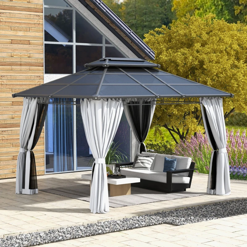 Outsunny 10' x 12' Outdoor Hardtop Gazebo Canopy w/ Double PC Roof, Steel Frame, Nettings, Curtains for Garden Lawn Deck, Grey