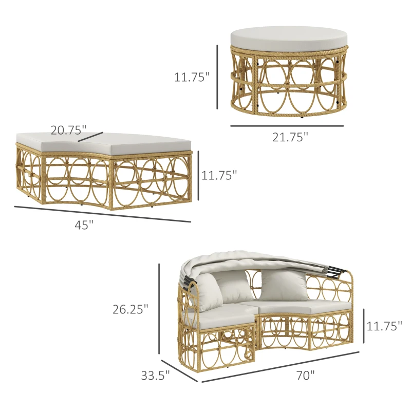 Outsunny Patio Furniture Set, Round Outdoor Daybed with Retractable Canopy, Hollow Wicker PE Rattan Sectional Sofa with Washable Couch Cushions for Pool, Lawn, Cream White