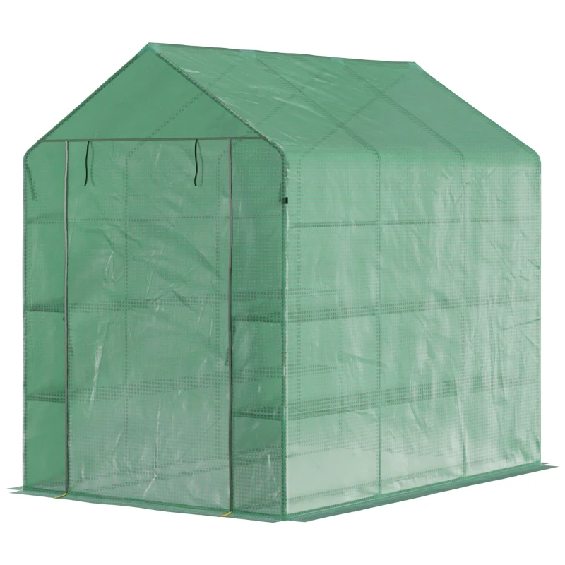 Outsunny 7' x 5' x 6.5' Walk-in Greenhouse, PE Cover, 2-Tier Shelves, Steel Frame Hot house, Roll-Up Zipper Door for Flowers, Vegetables, Saplings, Tropical Plants, Green