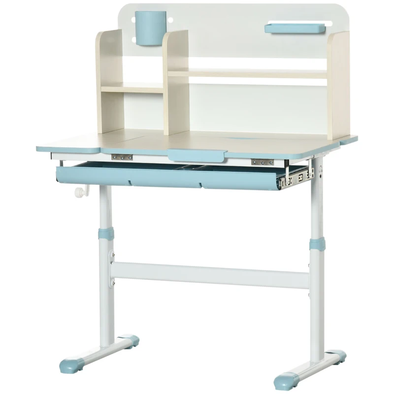 Qaba Wooden Kids Study Desk, Height Adjustable Children School Study Table, Student Writing Desk with Tilt Desktop, Drawer, Storage Shelf, Pen Holder, Blue