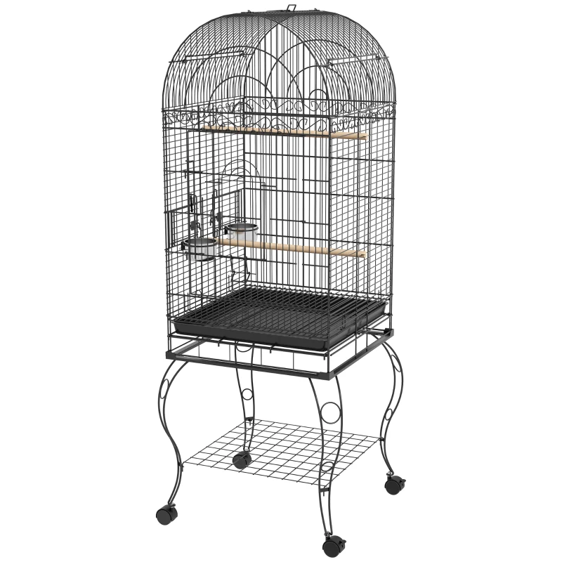 PawHut Play Open Top Bird Cage 60" Parrot Cage for Cockatiel, Sun Conure with Rolling Stand, Removable Tray, Perches, Storage Shelf Black, 20.1" x 20.1"