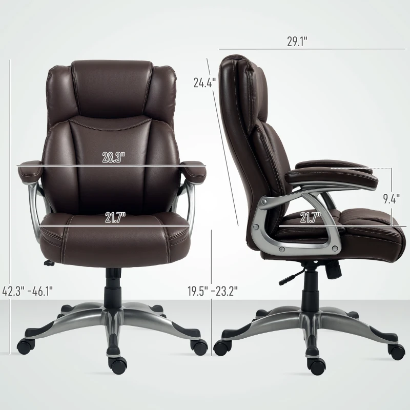 HOMCOM PU Leather High Back Office Chair, Swivel Desk Chair with Tilt Function and Adjustable Height, Brown
